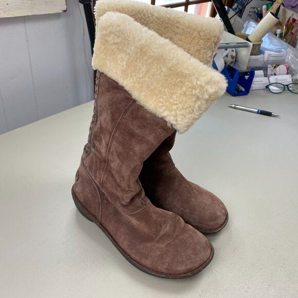 UGG Karyn Cuffed Suede Sheepskin Boots Womens 7 Brown Mid Calf - Picture 2 of 15